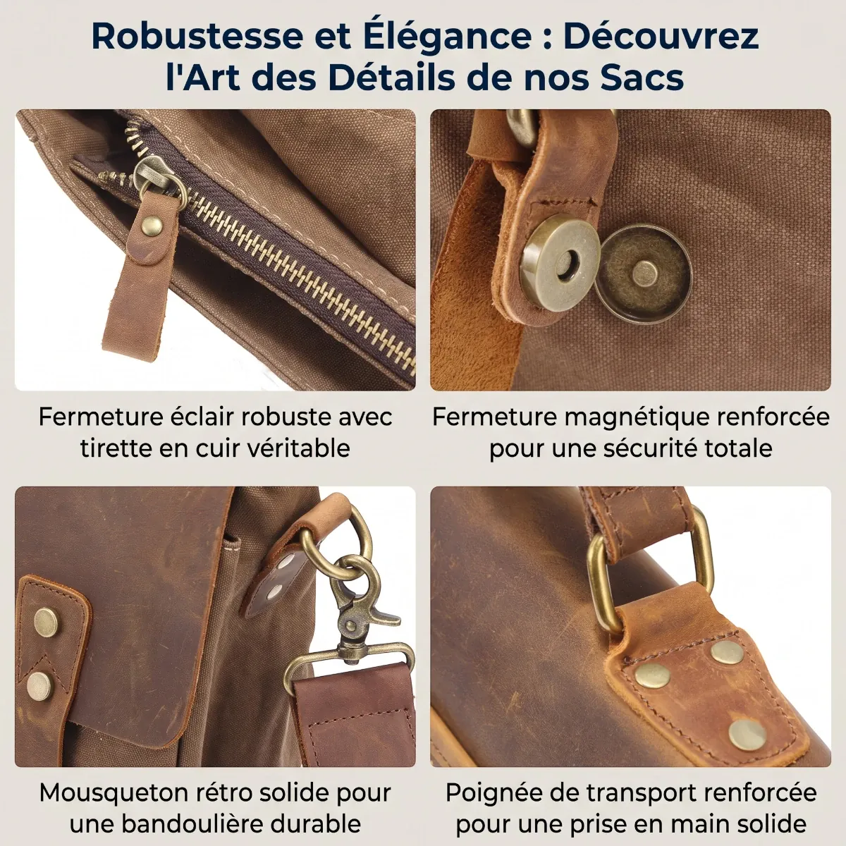 Zoom sur la qualité des fermetures, mousquetons et poignée en cuir de la sacoche ordinateur pour homme Heritex