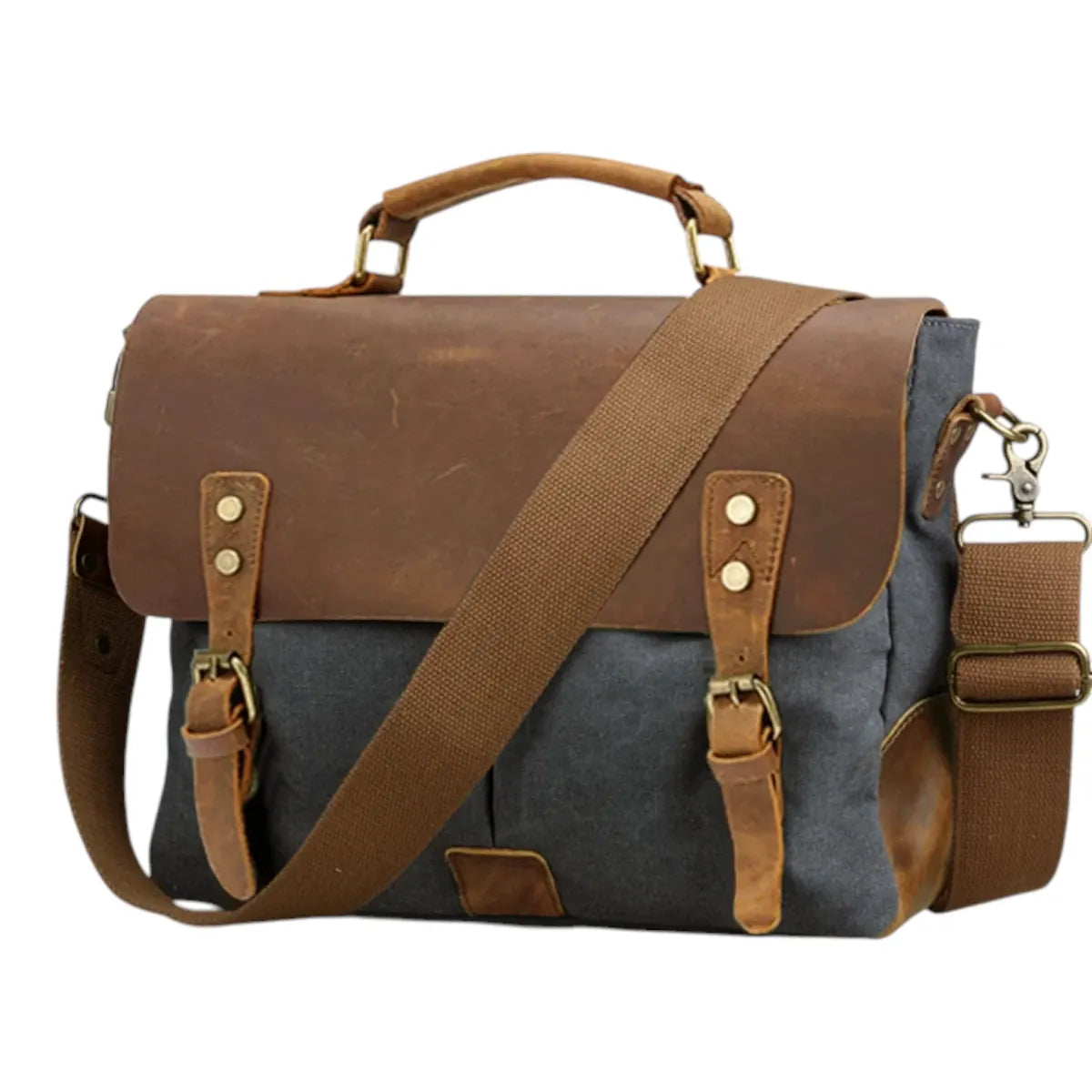 Sacoche ordinateur pour homme Heritex en canvas et cuir gris anthracite sur fond blanc