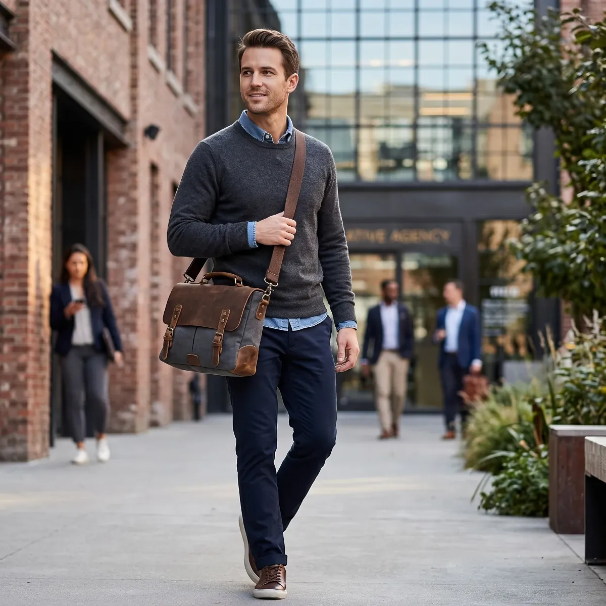 Homme portant la sacoche ordinateur pour homme Heritex en cuir et toile dans la rue
