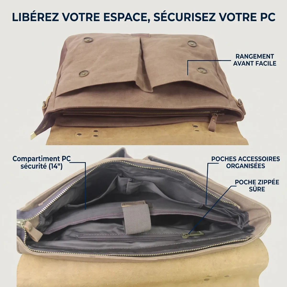 Rangements intérieurs et compartiment sécurisé pour PC 14 pouces de la sacoche ordinateur pour homme Heritex