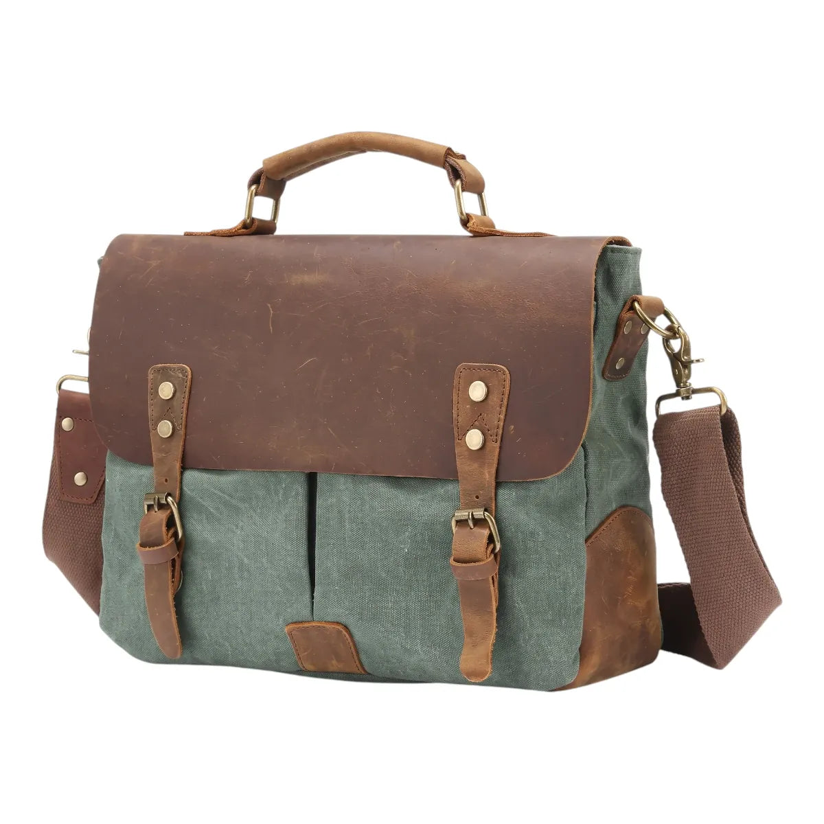 Sacoche ordinateur pour homme Heritex vert canard en canvas et cuir véritable