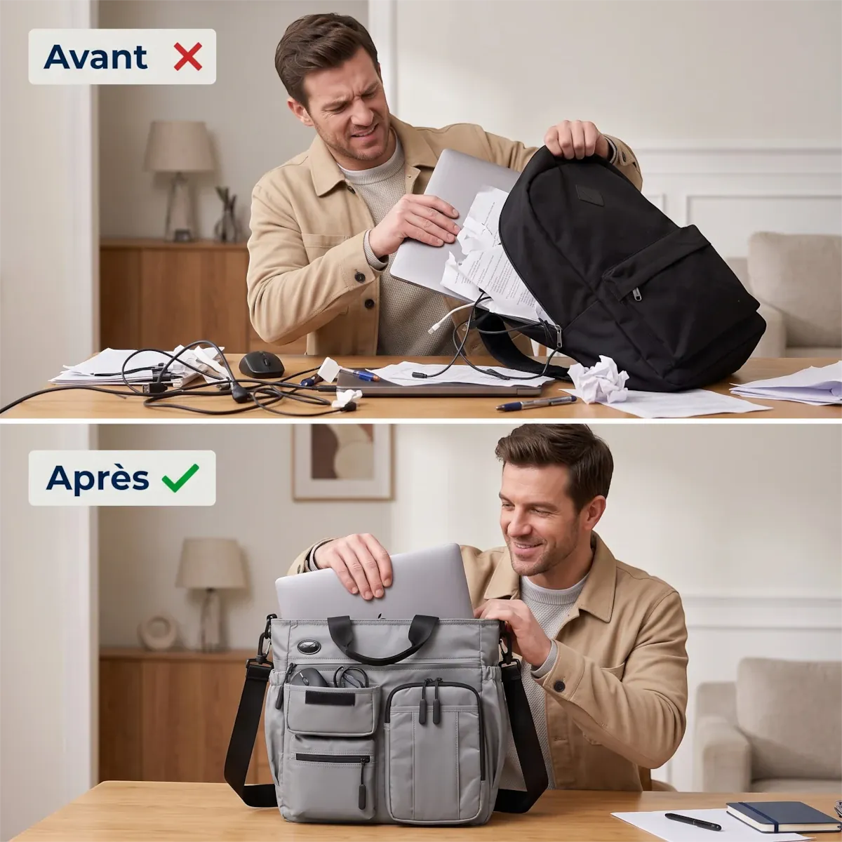 Comparatif avant après organisation avec la sacoche ordinateur pour homme Modulor