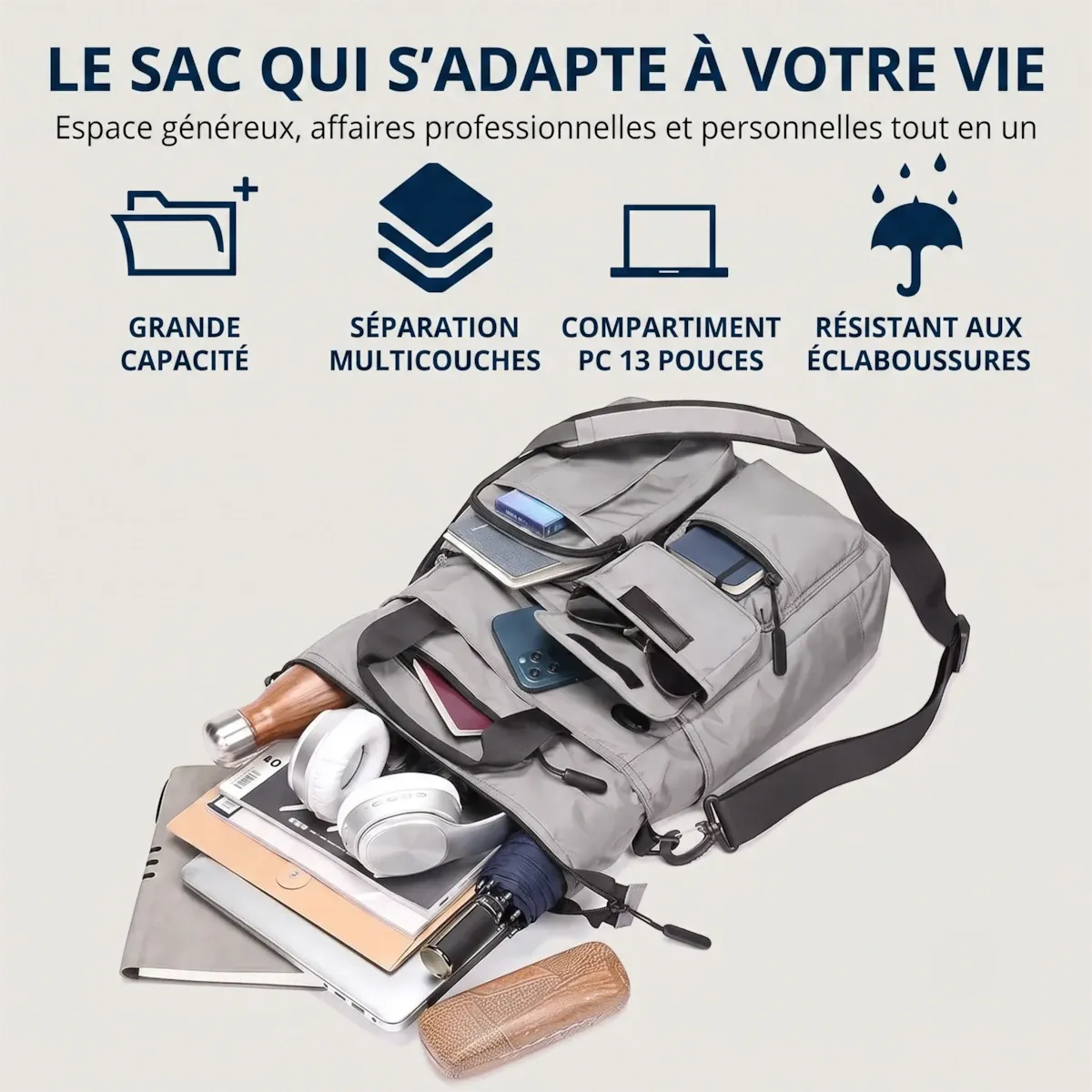 Sacoche ordinateur pour homme Modulor ouverte avec ordinateur 13 pouces et accessoires