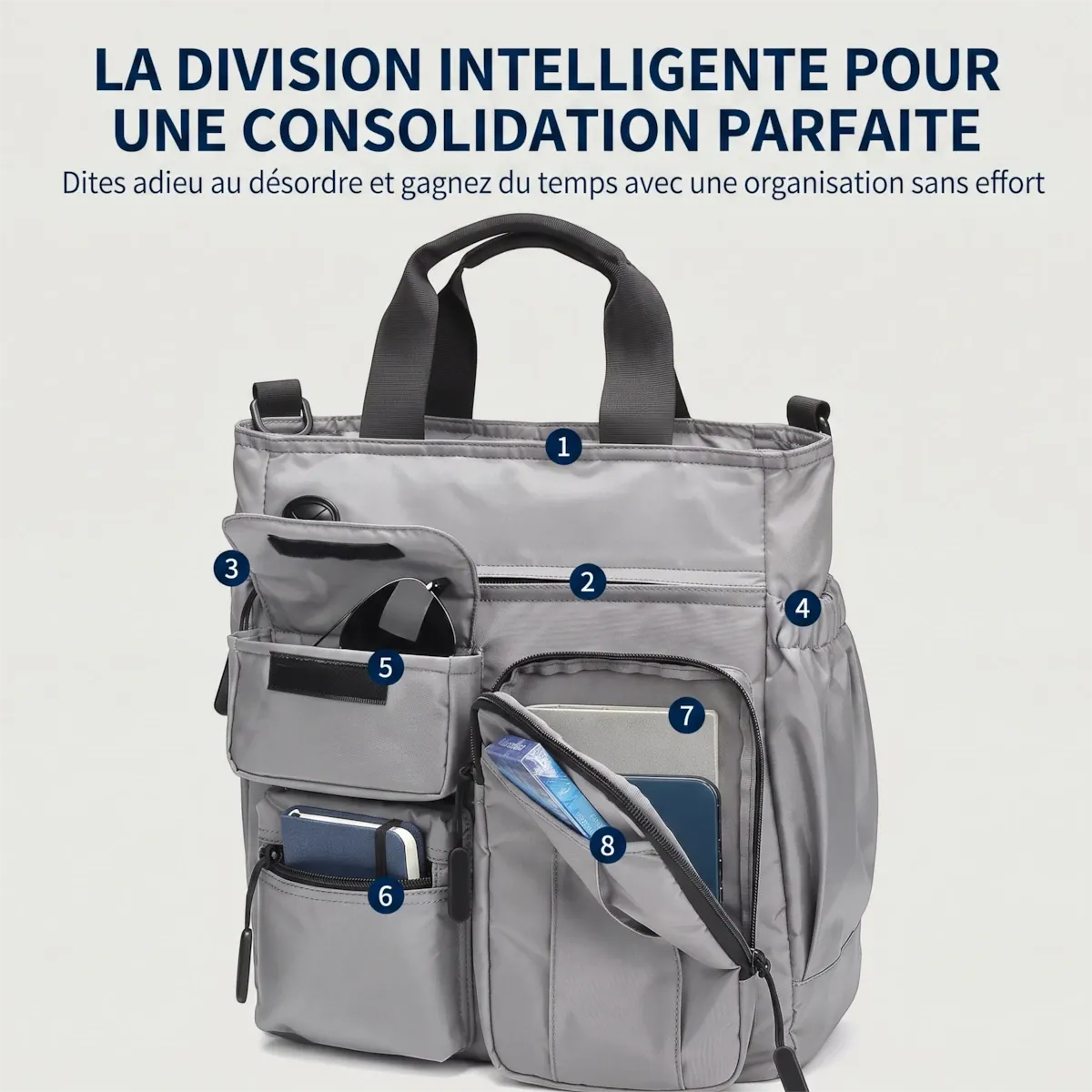 Détail de l'organisation des poches frontales de la sacoche ordinateur pour homme Modulor
