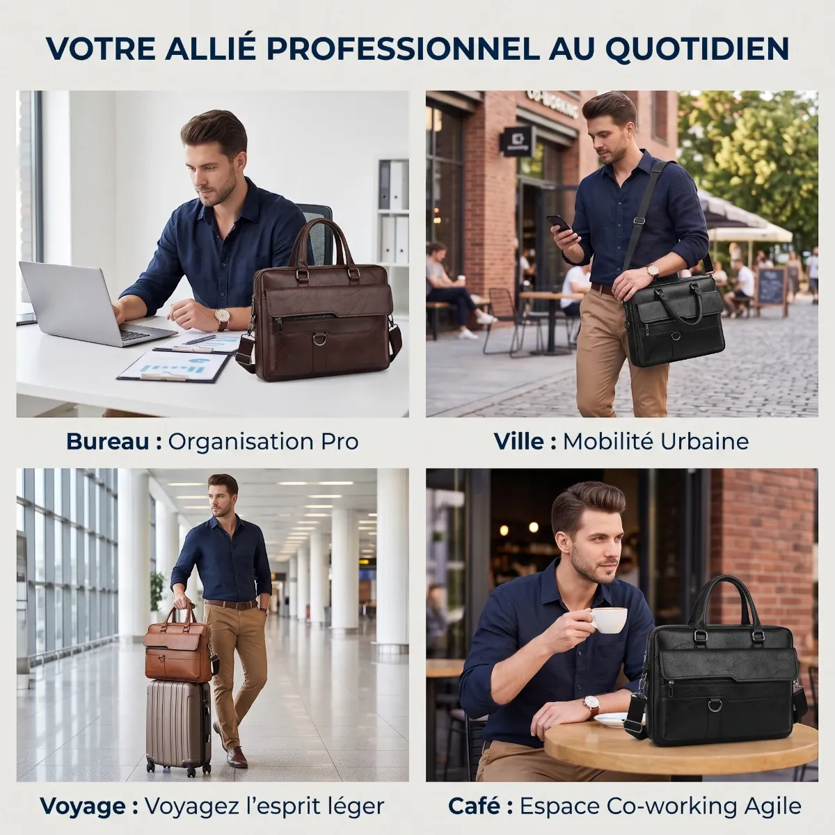Différentes utilisations de la sacoche ordinateur pour homme Strata au bureau et en voyage