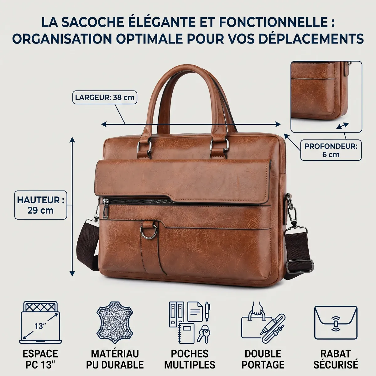 Dimensions et caractéristiques techniques de la sacoche ordinateur pour homme Strata