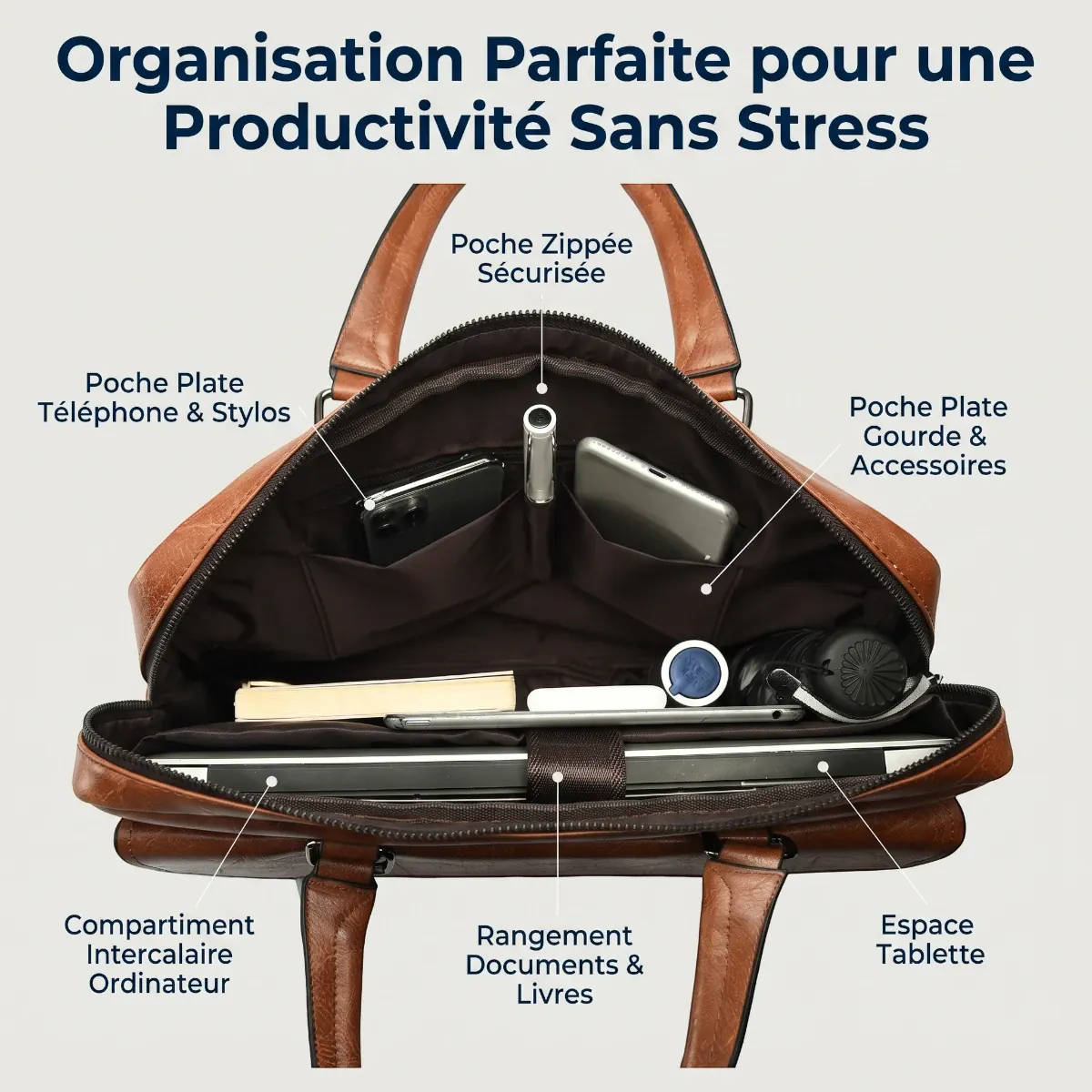 Organisation intérieure de la sacoche ordinateur pour homme Strata avec compartiments