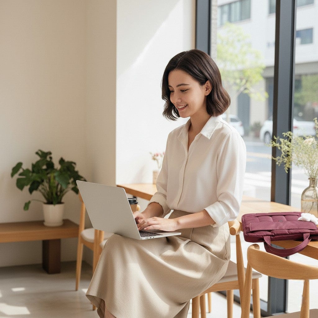 Transition parfaite au bureau avec la sacoche ergonomique femme Chrono posée près d'un ordinateur.