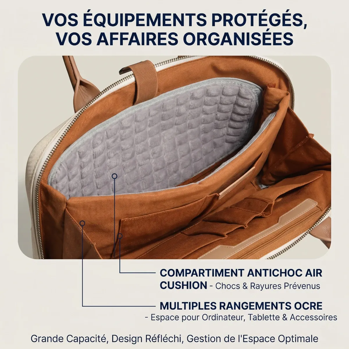 Zoom sur la doublure de protection antichoc ordinateur en mousse Air Cushion de la sacoche Constance.