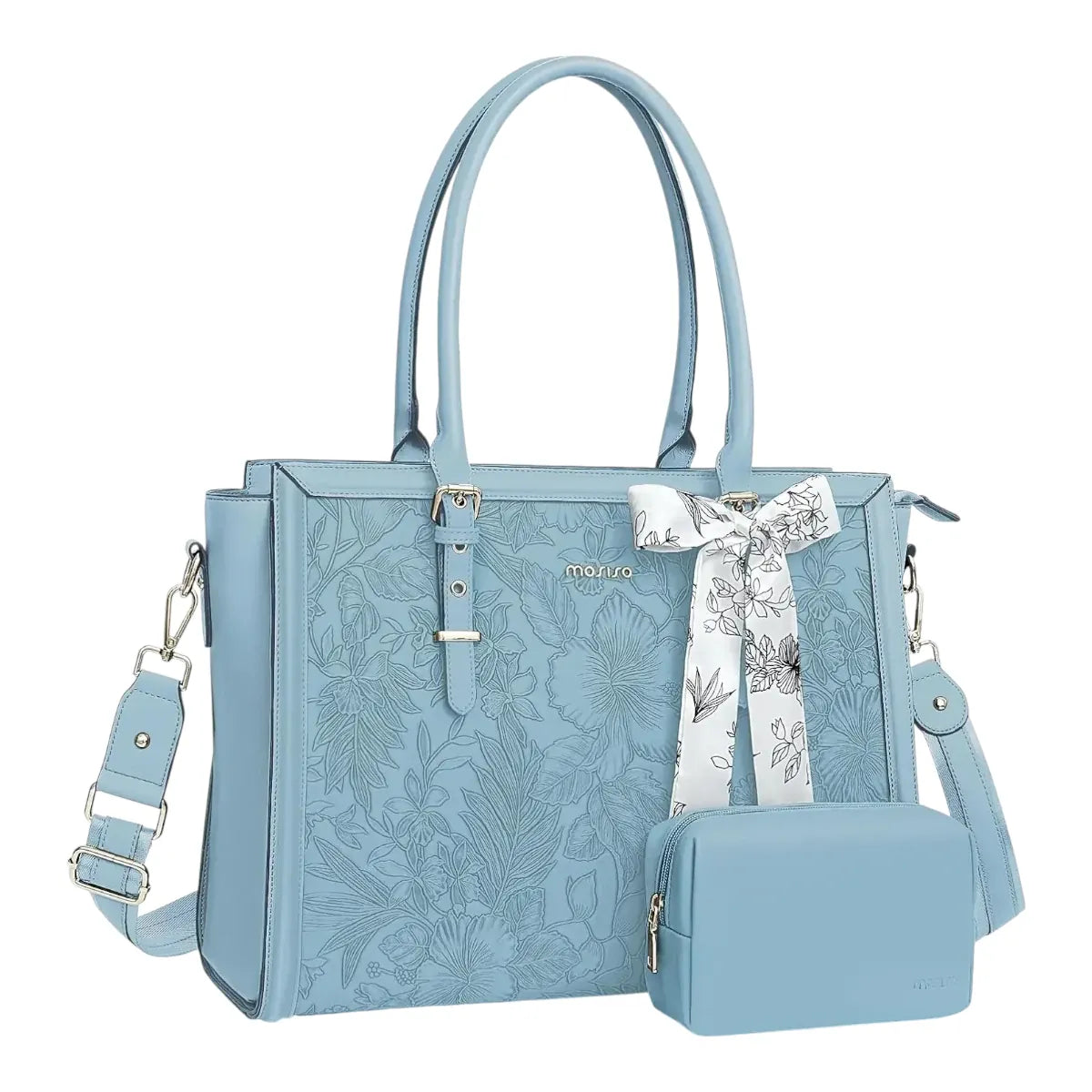 Sacoche PC portable femme Floralys bleu ciel avec bandoulière ajustable et trousse zippée.