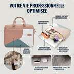 Infographie de la sacoche PC portable femme Mahoo démontrant sa grande capacité de rangement et sa protection antichoc ordinateur.