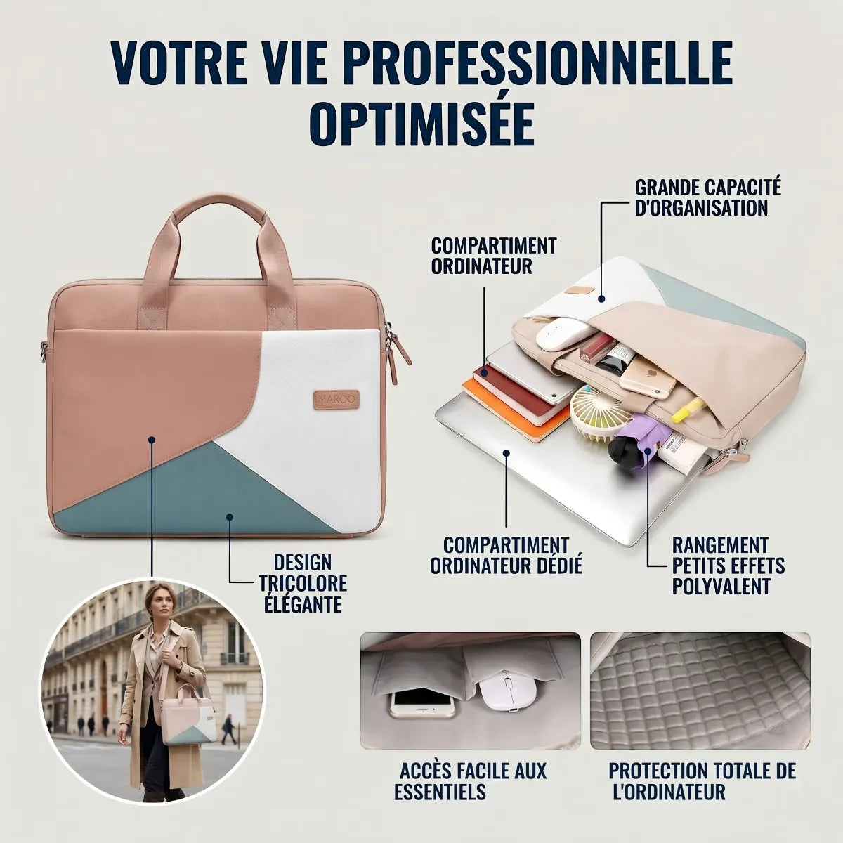 Infographie de la sacoche PC portable femme Mahoo démontrant sa grande capacité de rangement et sa protection antichoc ordinateur.