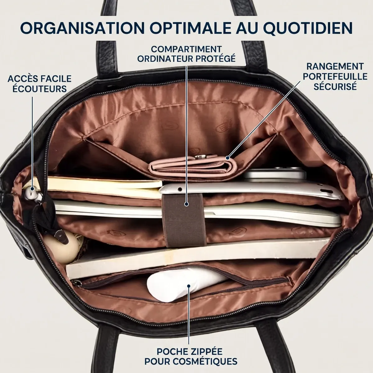 Organisation et compartimentage intérieur de la sacoche PC portable femme Optima