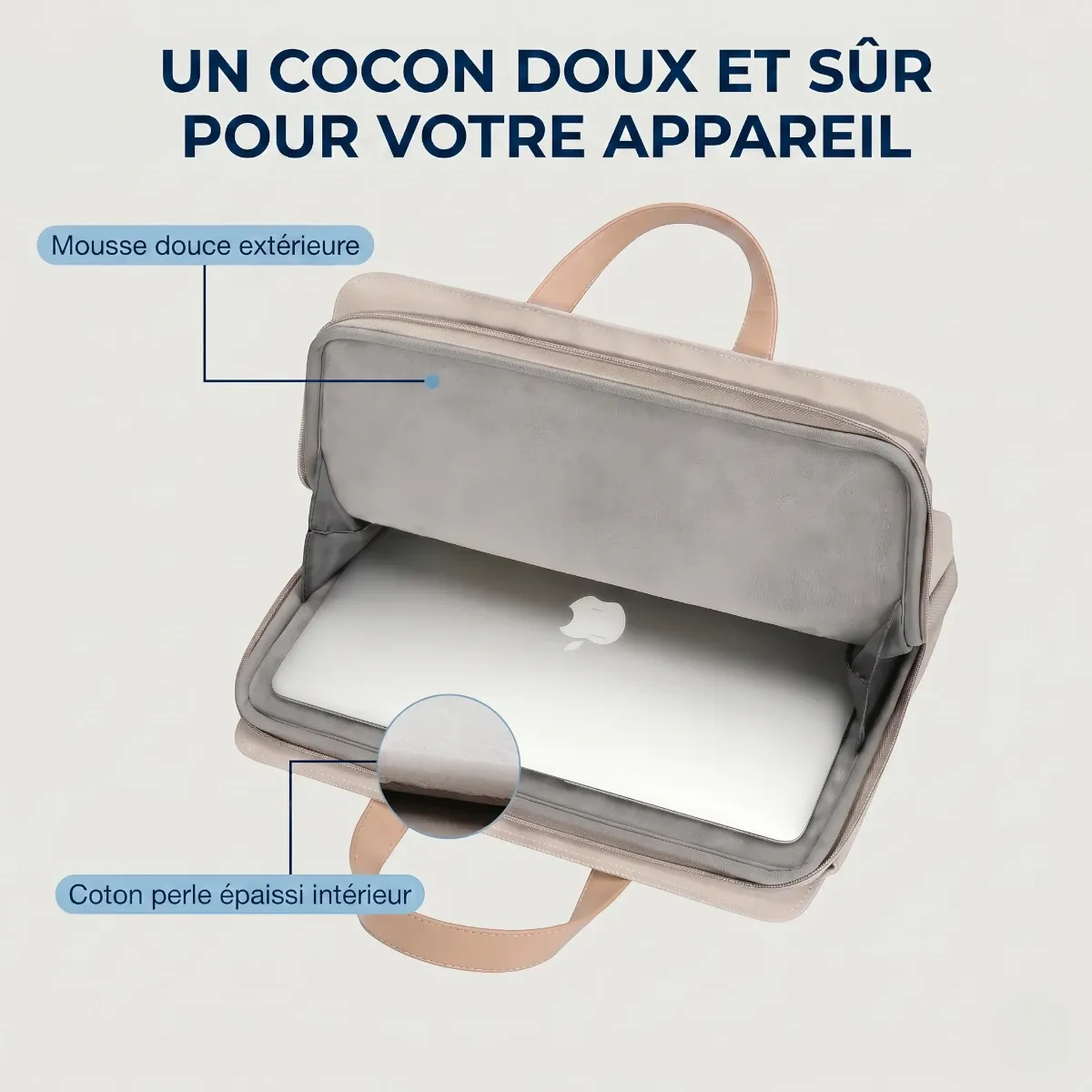 Zoom sur la doublure velours et la mousse de protection antichoc ordinateur de la sacoche PC portable femme.