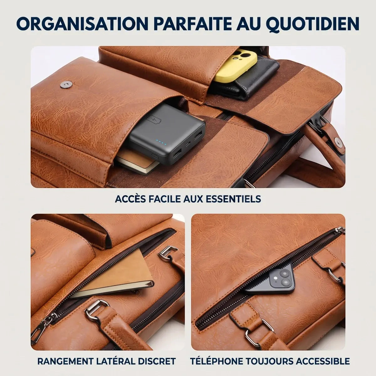 Gros plans des poches extérieures de la sacoche de travail Bifolio avec accessoires : batterie externe, carnet et téléphone.