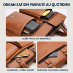 Gros plans des poches extérieures de la sacoche de travail Bifolio avec accessoires : batterie externe, carnet et téléphone.