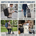 Collage photo du sac à dos ordinateur Crescendo (modèle V2). Illustre la polyvalence et le confort pour navetteurs, voyageurs, cyclistes et créateurs.