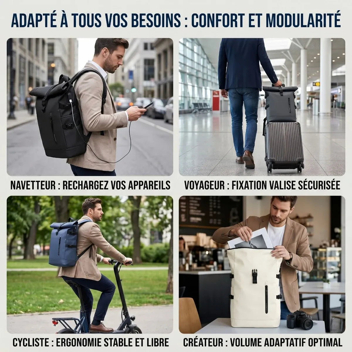 Collage photo du sac à dos ordinateur Crescendo (modèle V2). Illustre la polyvalence et le confort pour navetteurs, voyageurs, cyclistes et créateurs.
