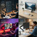 Mosaïque montrant le bras écran en mode portrait pour codeur, setup minimaliste, et immersion gaming.