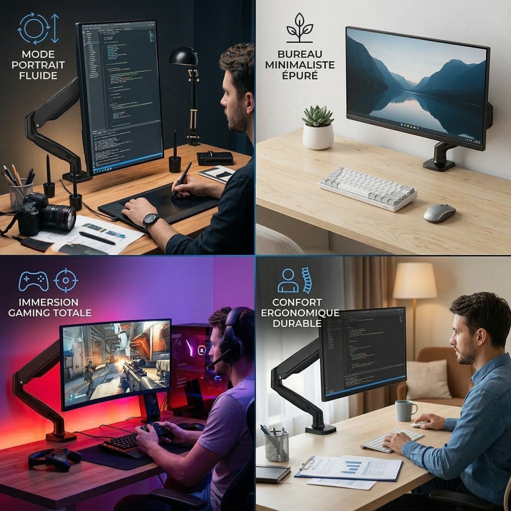 Mosaïque montrant le bras écran en mode portrait pour codeur, setup minimaliste, et immersion gaming.