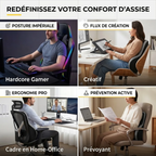 Mosaic d'utilisation du MorphoSpine Pro : gaming, design créatif, télétravail et prévention des douleurs de dos.