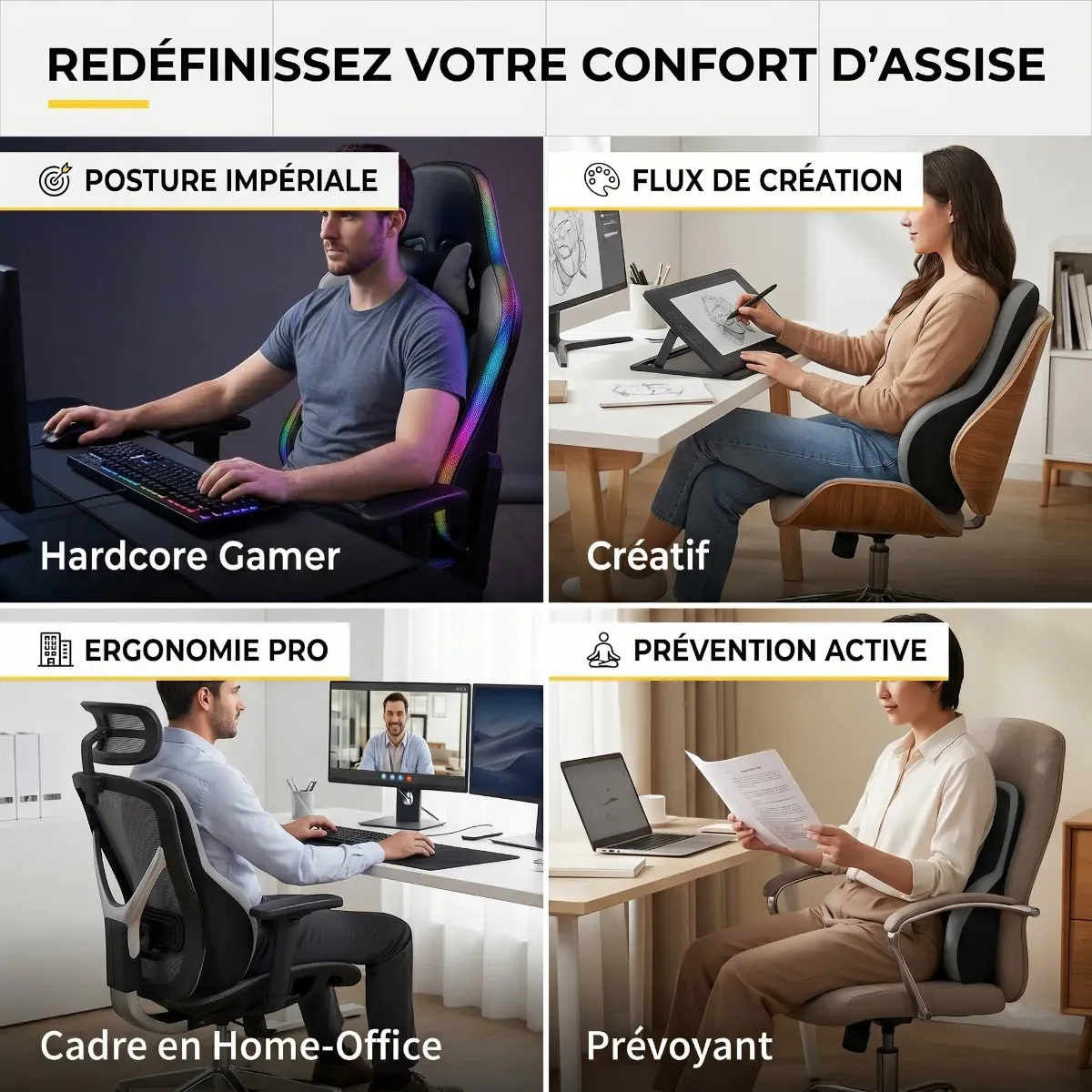 Mosaic d'utilisation du MorphoSpine Pro : gaming, design créatif, télétravail et prévention des douleurs de dos.