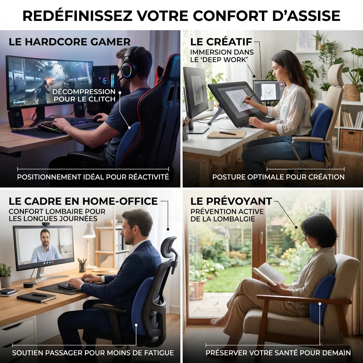 Guide d'usage du coussin L-Core pour le télétravail, le gaming, les créatifs et la prévention du mal de dos.