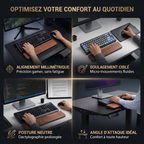 Mosaïque de 4 images illustrant l'usage du repose poignet clavier SilvaAlign Pro en noyer massif pour le gaming, le graphisme, le développement et le bureau assis-debout.
