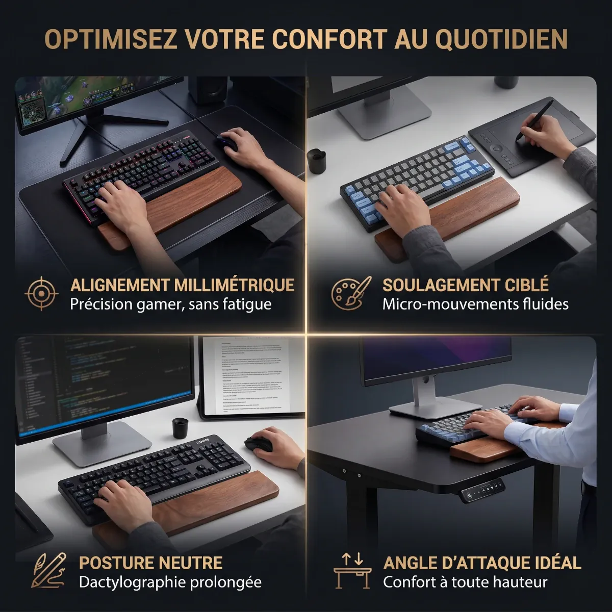 Mosaïque de 4 images illustrant l'usage du repose poignet clavier SilvaAlign Pro en noyer massif pour le gaming, le graphisme, le développement et le bureau assis-debout.
