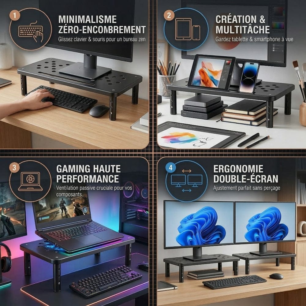 Quatre exemples d'utilisation du SteelElevation X3 : minimalisme, création, gaming et double écran.