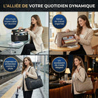 Mosaïque d'utilisation du sac L'Ingénieuse en réunion, au café, en voyage et en soirée.