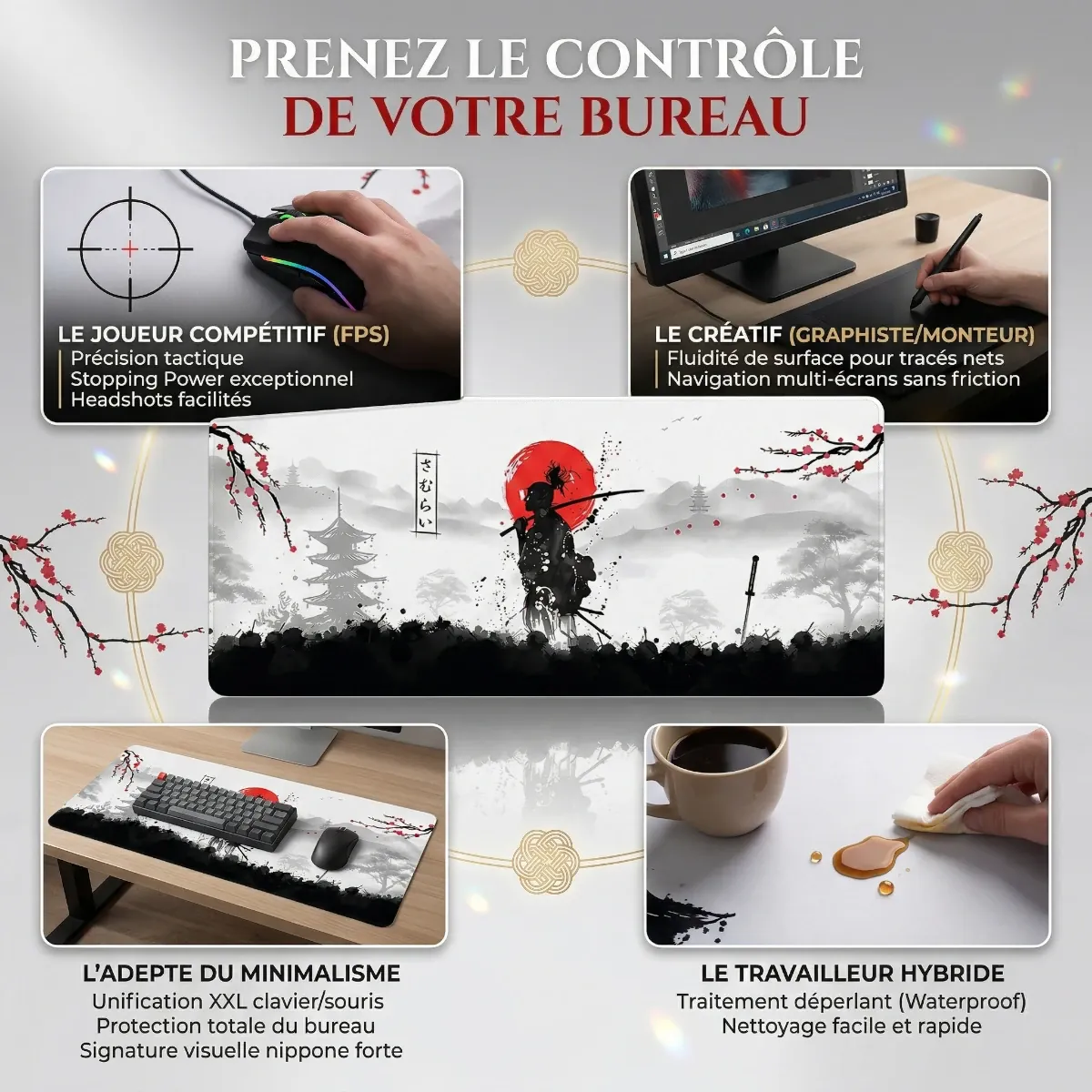 Infographie des bénéfices du tapis de souris Bushido Glide pour le gaming FPS, le travail créatif et le minimalisme.