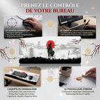 Infographie des bénéfices du tapis de souris Bushido Glide pour le gaming FPS, le travail créatif et le minimalisme.