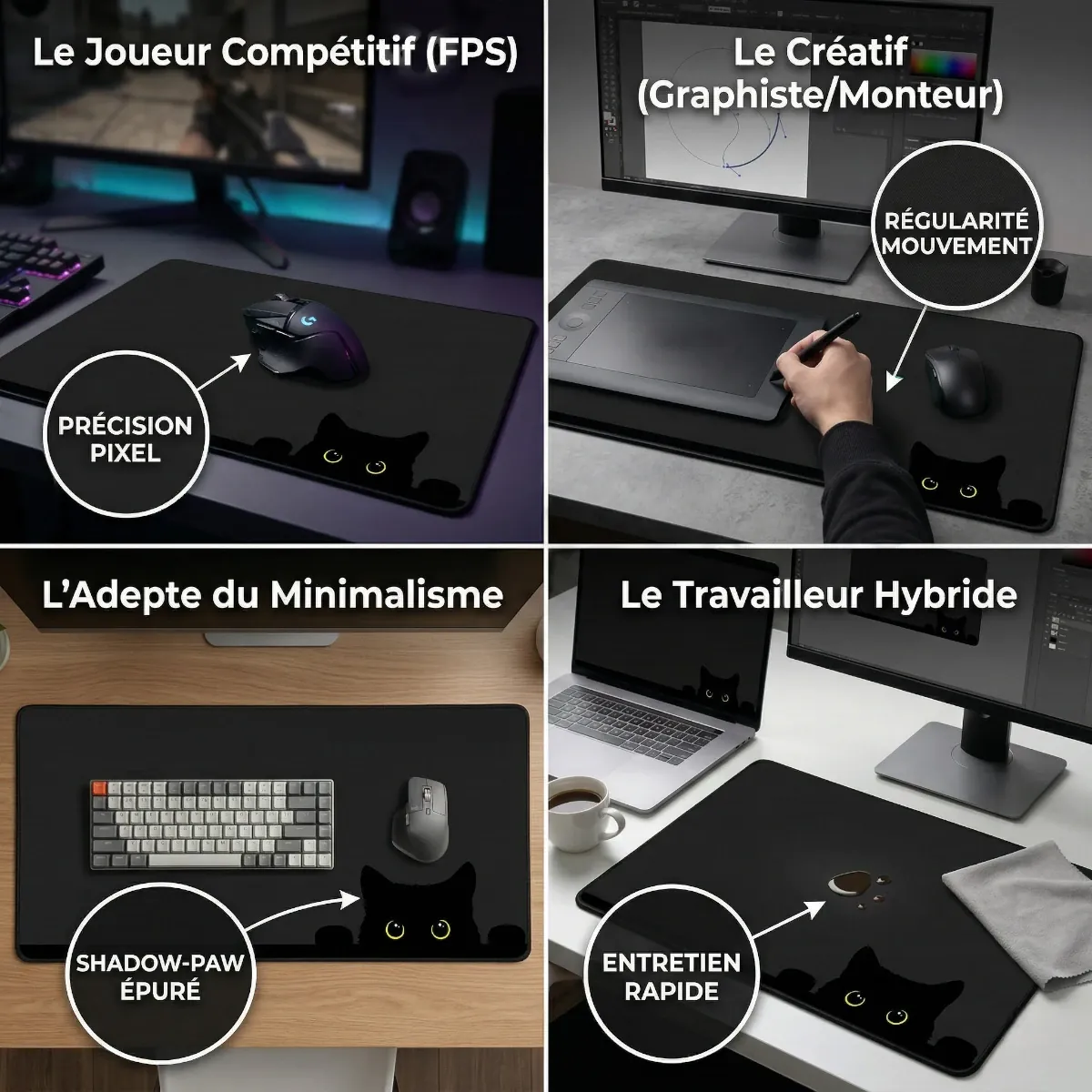 Guide d'utilisation du tapis de souris Neko Stealth Pro pour le gaming FPS, le design graphique et le travail hybride.