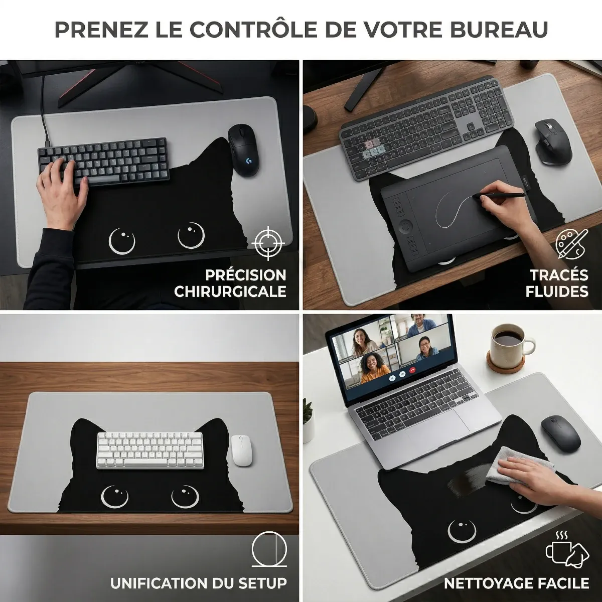 Composition montrant le tapis de souris XXL Shadow Prowl en situation de gaming, graphisme et nettoyage facile.