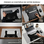 Composition montrant le tapis de souris XXL Shadow Prowl en situation de gaming, graphisme et nettoyage facile.