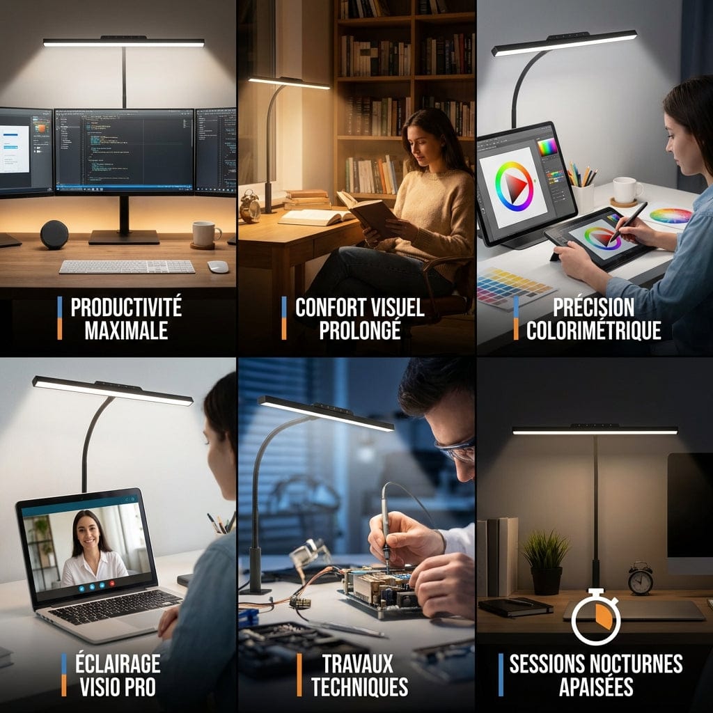 Différents scénarios d'utilisation de la lampe de bureau LED ultra-large : productivité, lecture, dessin, visio et travaux techniques.