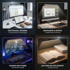 Exemples d'utilisation de la Screenbar VIZION 40cm pour le télétravail, le graphisme, le gaming et la lecture.
