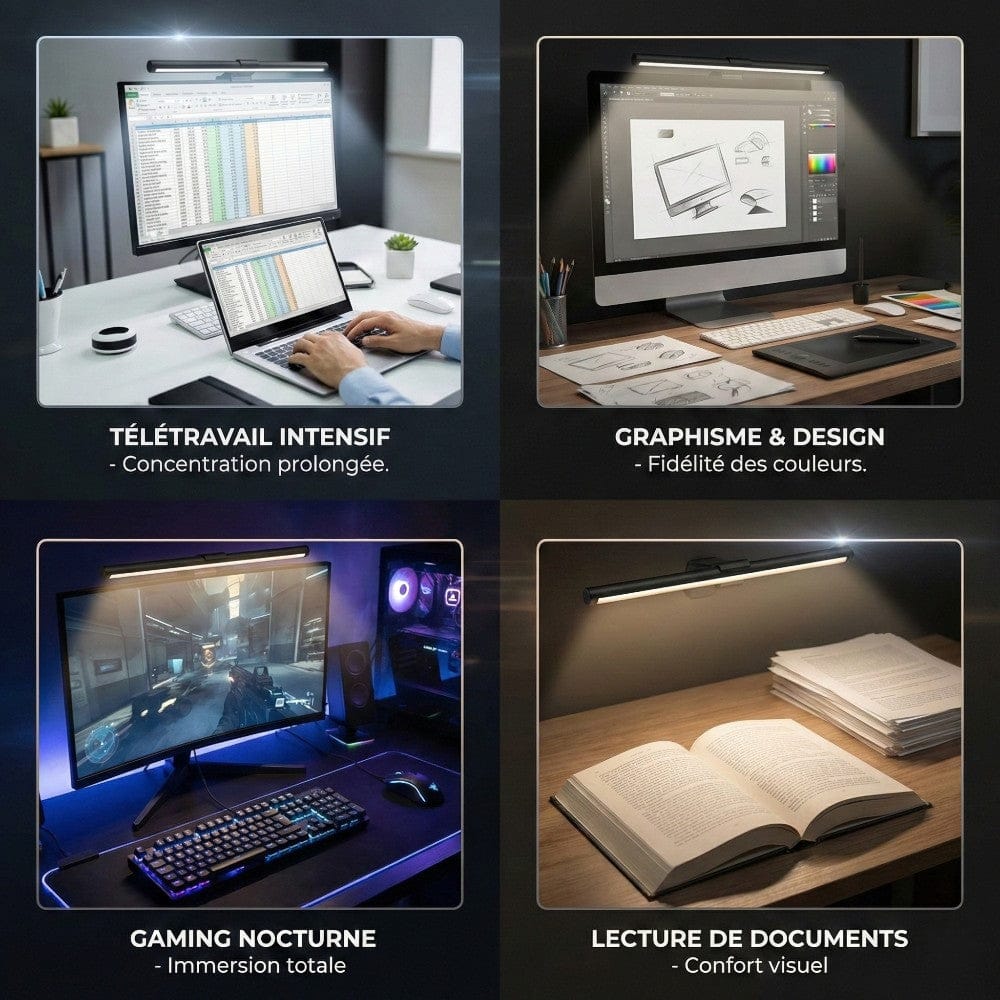Exemples d'utilisation de la Screenbar VIZION 40cm pour le télétravail, le graphisme, le gaming et la lecture.