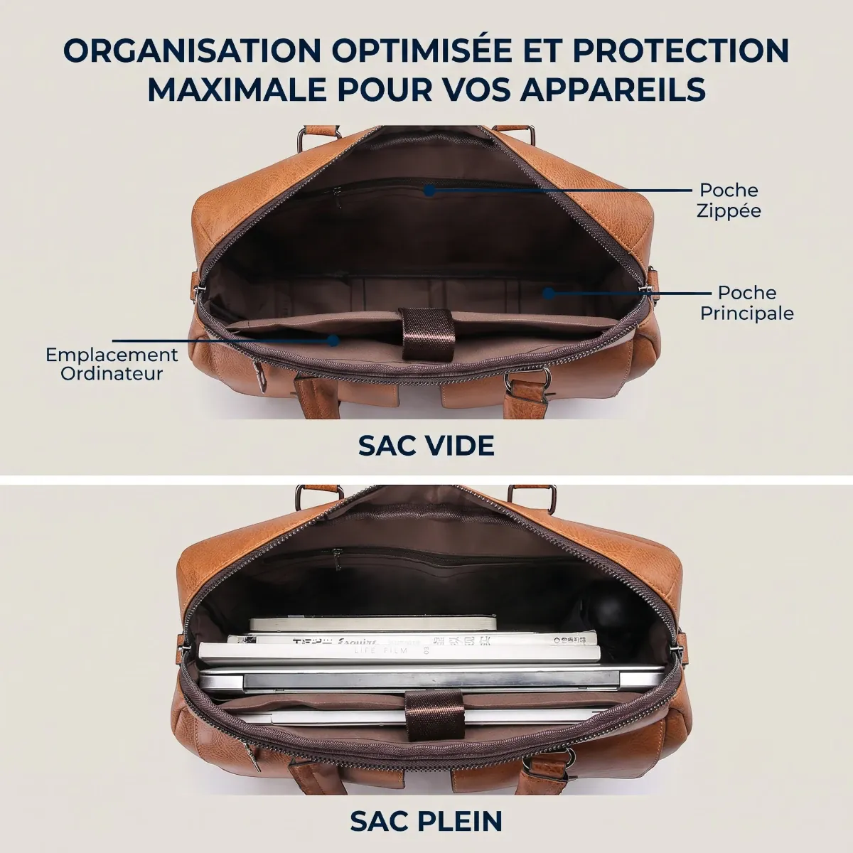 Intérieur de la serviette de travail homme Bifolio vide et plein, montrant les compartiments PC et documents.