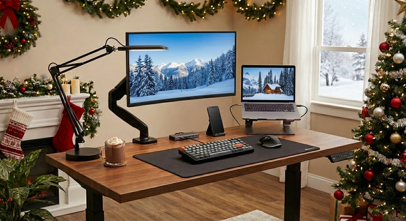 Setup de bureau assis-debout en bois aménagé pour le télétravail avec une décoration de Noël cozy, incluant un sapin, un écran sur bras articulé et un ordinateur portable sur support.