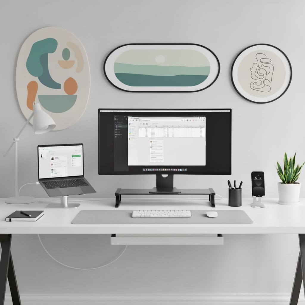 Bureau blanc épuré avec grand écran sur support rehausseur noir ordinateur portable sur stand blanc tapis de bureau gris clavier et souris blancs lampe articulée blanche pot à crayons réveil noir plante verte et trois cadres muraux abstraits aux tons vert sauge et beige
