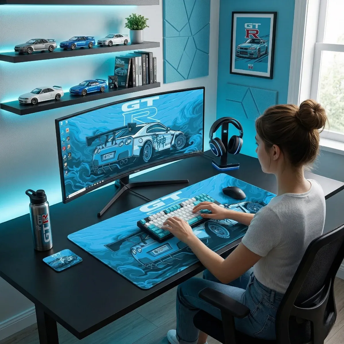 Setup de bureau complet et stylisé avec une personne travaillant sur un moniteur incurvé, montrant l'intégration du Tapis de souris Apex Skyline GT-R bleu clair. Tissu micro-texturé XXL pour confort et performance.