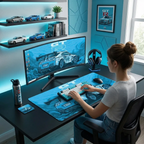 Setup de bureau complet et stylisé avec une personne travaillant sur un moniteur incurvé, montrant l'intégration du Tapis de souris Apex Skyline GT-R bleu clair. Tissu micro-texturé XXL pour confort et performance.
