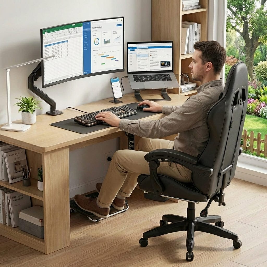 Homme travaillant sur un bureau en bois avec une chaise ergonomique gaming noire pour un confort optimal.
