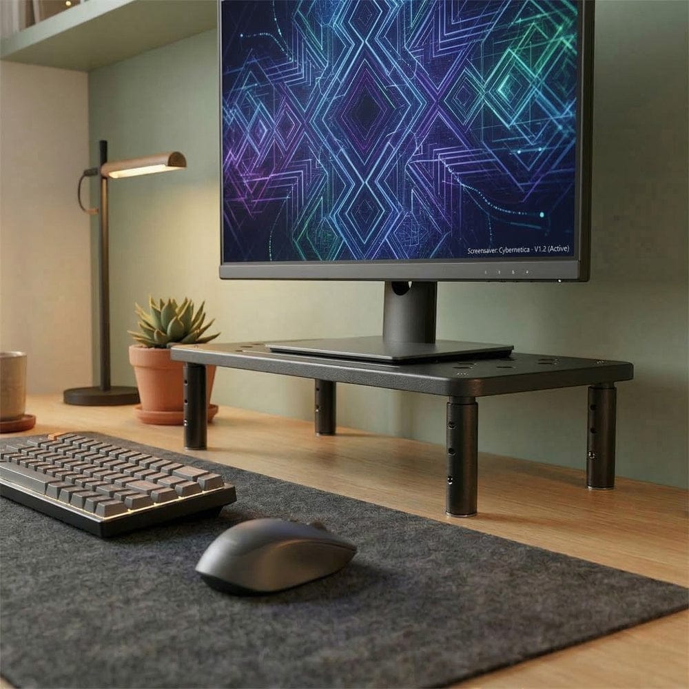 Setup de bureau moderne avec écran gaming posé sur le support en acier perforé SteelElevation X3.