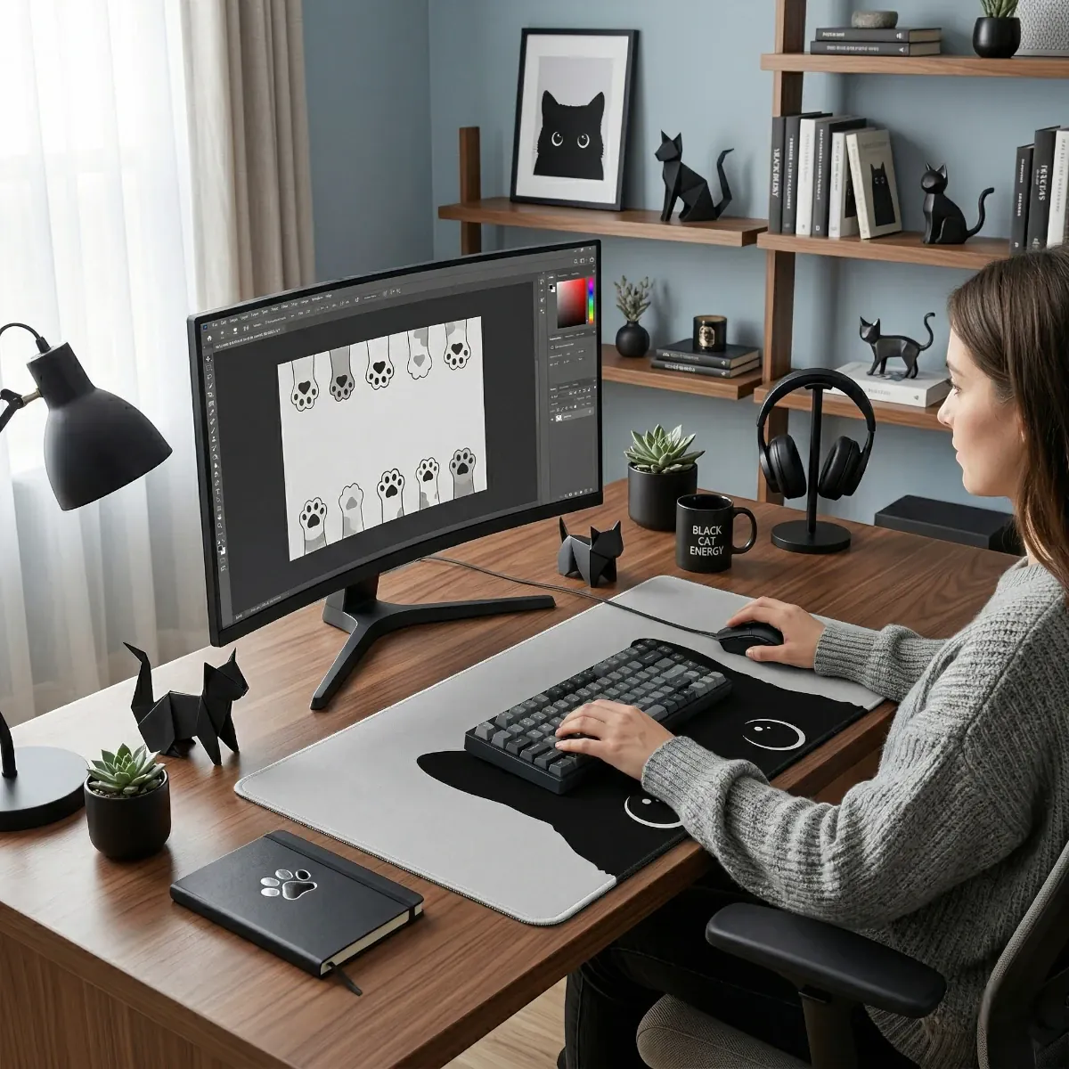 Setup de bureau complet avec le tapis de souris XXL Shadow Prowl gris et noir utilisé par une graphiste.