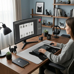 Setup de bureau complet avec le tapis de souris XXL Shadow Prowl gris et noir utilisé par une graphiste.