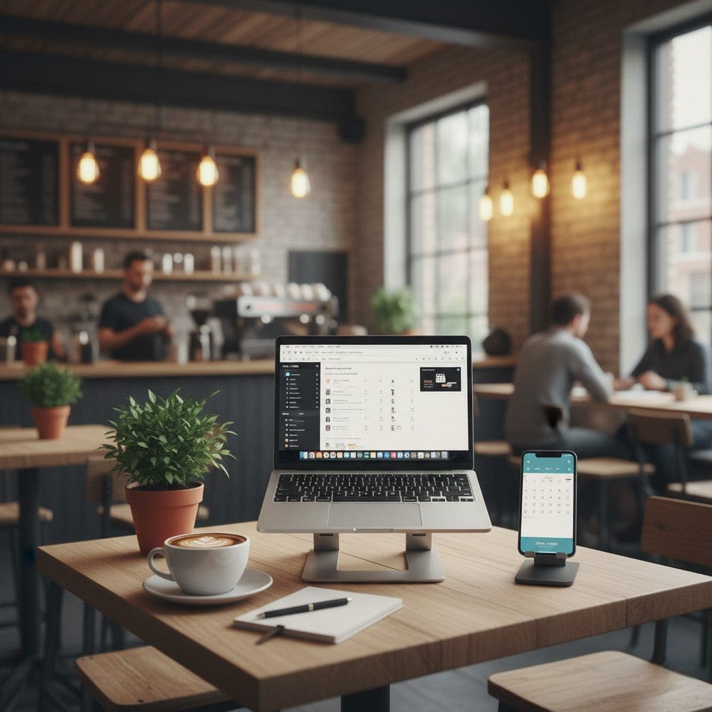 rdinateur portable sur support ergonomique gris avec smartphone sur dock affichant un calendrier café latte plante verte et carnet avec stylo sur table en bois dans un café coworking industriel chaleureux
Ces éléments illustrent parfaitement le mode de vie nomade digital et la mobilité professionnelle, idéal pour inspirer votre audience de travailleurs hybrides sur Bureau Cosy.
