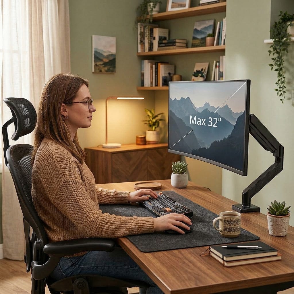 Femme installée à un bureau ergonomique avec un écran 32 pouces suspendu par un bras articulé noir.